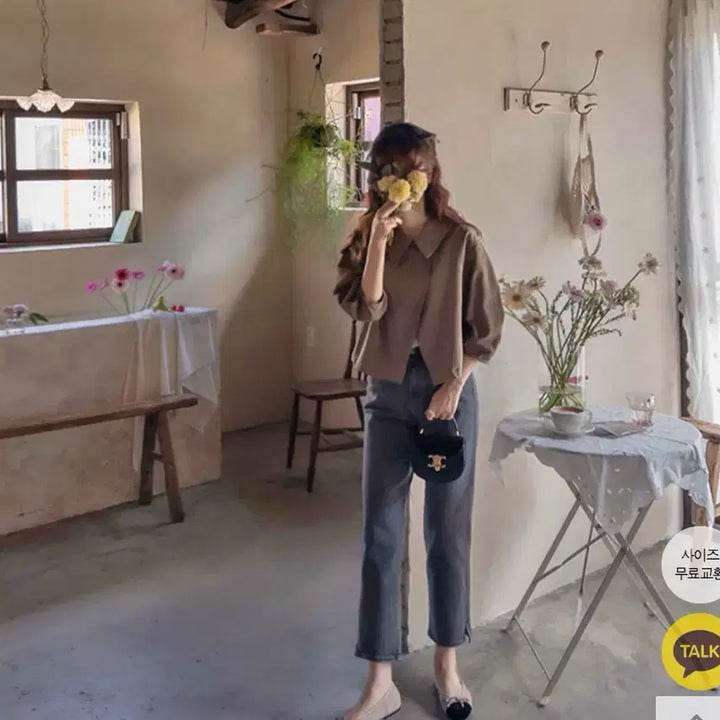 [BUNJANG] Puff Sleeve Diagonal Button Jacket Blouse - Brown / 퍼프소매 사선자켓블라우스 브라운