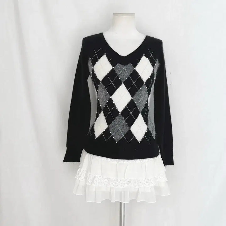 [BUNJANG] Mood Bridge Vintage Argyle Angora V-Neck Sweater / 무드브릿지 빈티지 아가일 앙고라 브이넥 로걀탑 니트 엑시즈팜 세실맥비