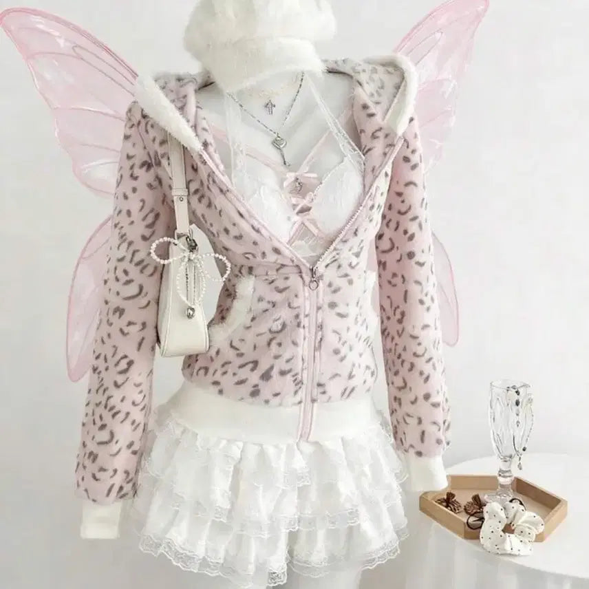 [BUNJANG] Gyaru Leopard Pink Punk Fleece Hoodie Zip-up / 갸루 호피 핑크 펑크룩 지뢰계 양산형 후리스 후드집업