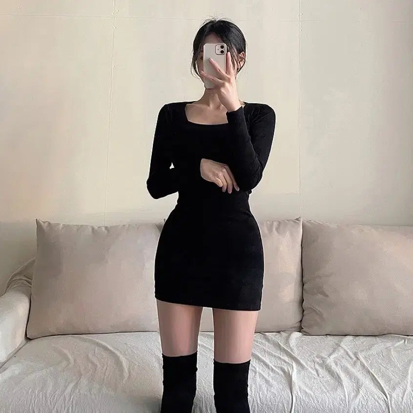 [BUNJANG] Square Neck Mini Dress - Black / (새상품)스퀘어넥 블랙 스퀘어넥 미니원피스