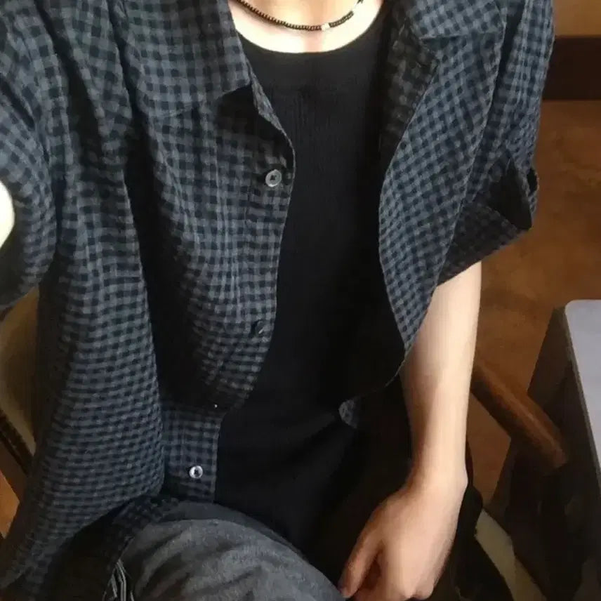 [BUNJANG] Arban Sand Check Half Shirt - Sand Black / [-85%] 아르반 샌드 체크 하프 셔츠_샌드 블랙