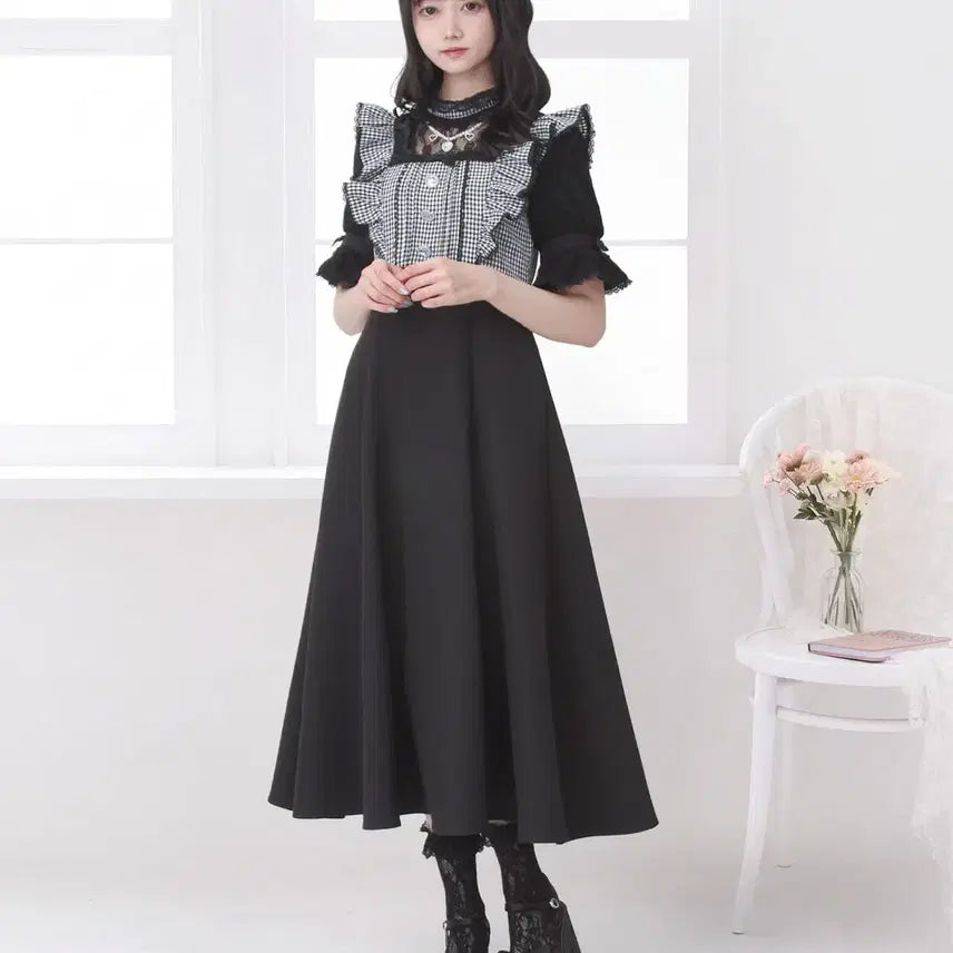 [BUNJANG] DearMyLove Lace-up Frill Pearl Necklace Long Half Sleeve One-piece Dress / 디어마이러브 디마럽 레이스업 프릴 펄 목걸이 롱 반팔 원피스
