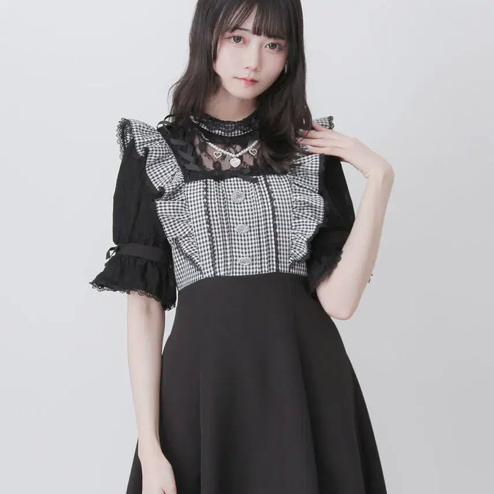 [BUNJANG] DearMyLove Lace-up Frill Pearl Necklace Long Half Sleeve One-piece Dress / 디어마이러브 디마럽 레이스업 프릴 펄 목걸이 롱 반팔 원피스