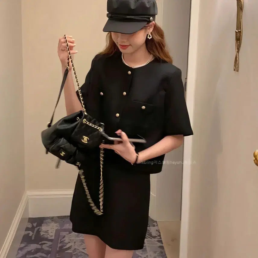 [BUNJANG] Mixxmix Sleeveless Jacket and Skirt Set / 믹스블링 노카라 반팔 자켓과 스커트 세트