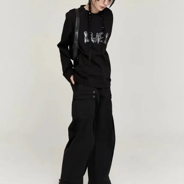 [BUNJANG] Ruffle Snap Button Wide Pintuck Pants Black / [1] 러플 스냅 버튼 와이드 핀턱 팬츠 블랙