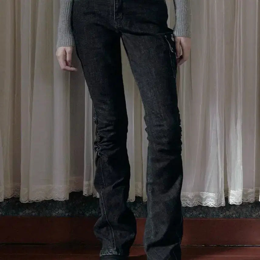 [BUNJANG] Bohemian Seoul Snow Washing Leg Shirring Jeans Black / 보헤미안서울 스노우 워싱 레그 셔링 진 블랙 / 보헴서 데님 팬츠