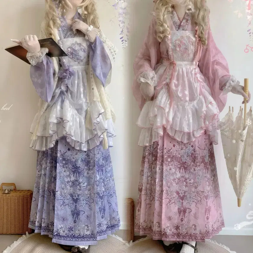[BUNJANG] Chinese Style Lolita Floral Print Two-Piece Wide Sleeve Blouse and Linen Skirt Set / 중화풍 로리타 꽃무늬 투피스 와이드소매 블라우스 마면치마 세트(2컬러)