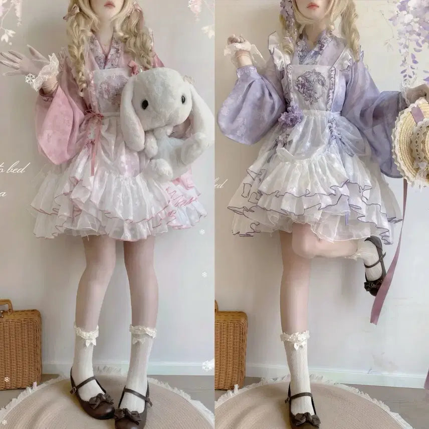[BUNJANG] Chinese Style Lolita Floral Print Two-Piece Wide Sleeve Blouse and Linen Skirt Set / 중화풍 로리타 꽃무늬 투피스 와이드소매 블라우스 마면치마 세트(2컬러)