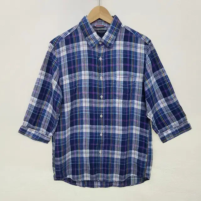 [BUNJANG] 100% Linen Check Half-Sleeve Shirt (Blue, Standard Fit) / Blue standard 린넨 100% 체크 칠부 셔츠