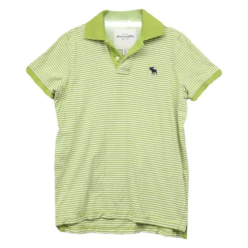 [BUNJANG] Abercrombie &amp; Fitch Striped Short Sleeve Polo Shirt / 아베크롬비 스트라이프 라이트 그린 순록 로고 반팔 카라티 XL