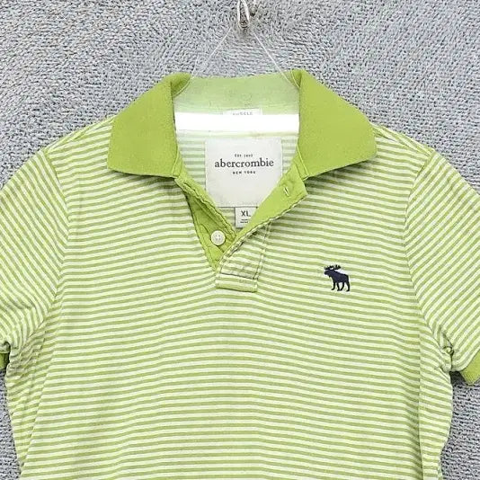 [BUNJANG] Abercrombie &amp; Fitch Striped Short Sleeve Polo Shirt / 아베크롬비 스트라이프 라이트 그린 순록 로고 반팔 카라티 XL