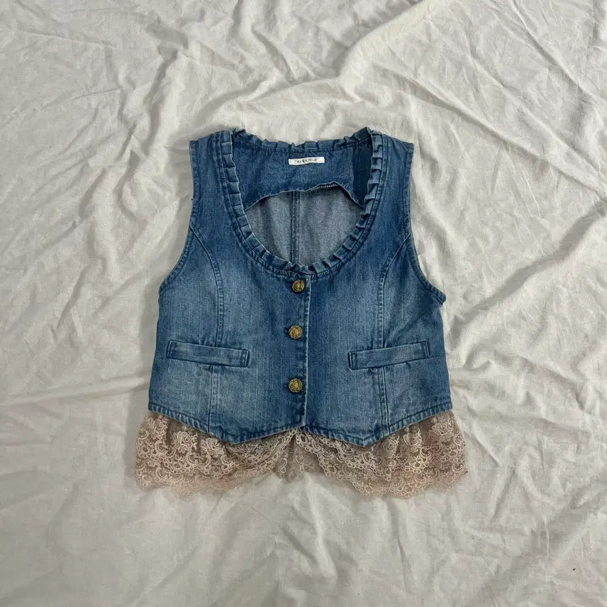 [BUNJANG] Axis Farm Denim Lace Vest Mori Girl Fairycore Crop Vest / 엑시즈팜 데님 청 레이스 베스트 크롭 조끼 모리걸 페어리코어