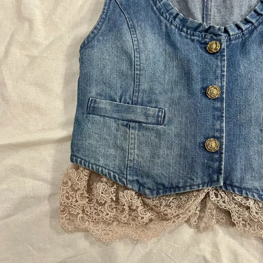 [BUNJANG] Axis Farm Denim Lace Vest Mori Girl Fairycore Crop Vest / 엑시즈팜 데님 청 레이스 베스트 크롭 조끼 모리걸 페어리코어