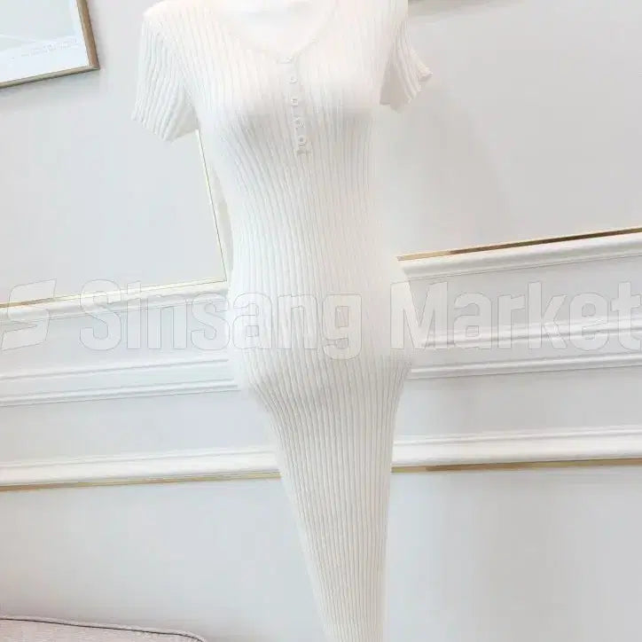 [BUNJANG] Button Short Sleeve Knit Ribbed Midi Dress / [빠른발송] 단추반팔ops 골지 니트 스판 섹시 또또