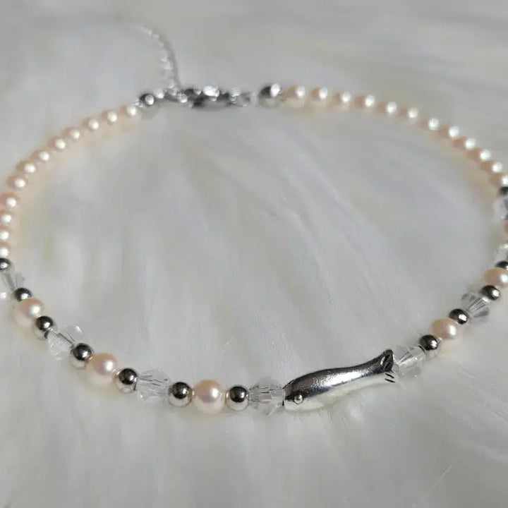 [BUNJANG] Freshwater Pearl Accent Blue Crystal Bead Anklet / 담수진주포인트 블루크리스탈비즈발찌