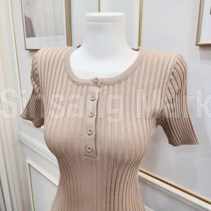 [BUNJANG] Rishaops Ribbed Knit Button Long Dress / [빠른발송] 리샤ops 골지 니트 섹시 단추 또또 롱