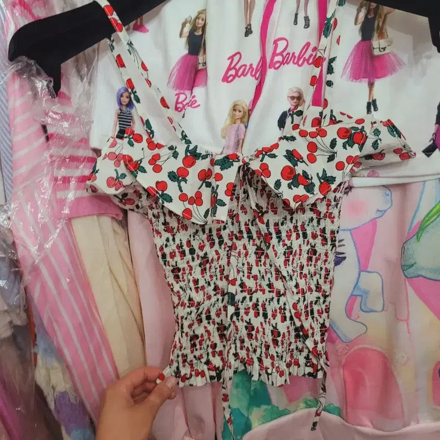 [BUNJANG] Barbie Cherry Pattern Smocking Cropped Top / 바비체리패턴 스모킹 크롭탑