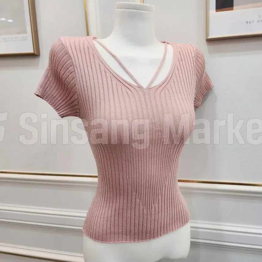 [BUNJANG] Sunny V-Neck Ribbed Knit Club Basic Top / [빠른발송] 써니V반팔 끈 섹시 골지 니트 클럽 기본티