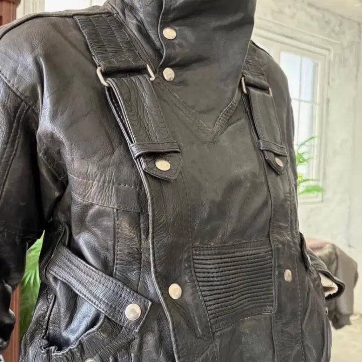 [BUNJANG] High-neck Strap Vintage Leather Jacket / 하이넥 스트랩 빈티지 레더 자켓