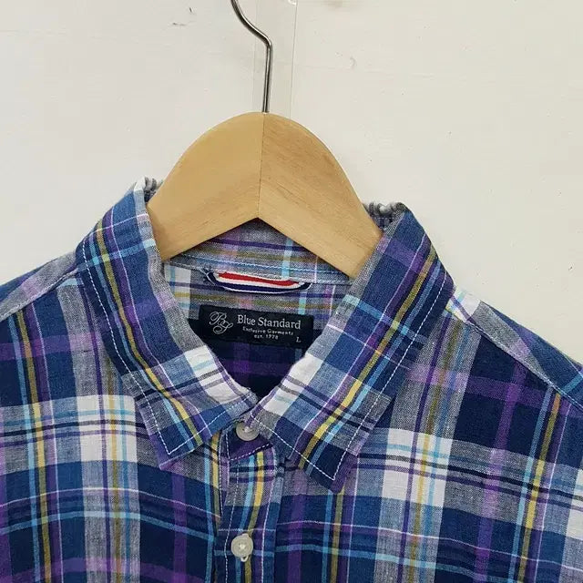 [BUNJANG] 100% Linen Check Half-Sleeve Shirt (Blue Standard) / Blue standard 린넨 100% 체크 칠부 셔츠