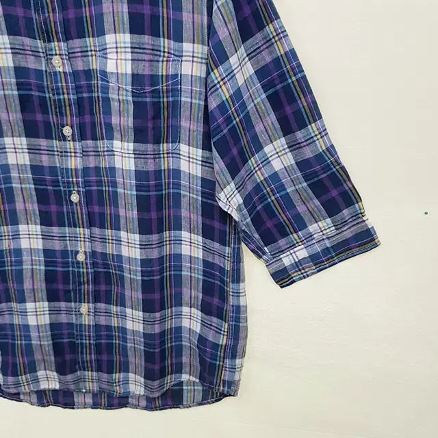 [BUNJANG] 100% Linen Check Half-Sleeve Shirt (Blue Standard) / Blue standard 린넨 100% 체크 칠부 셔츠