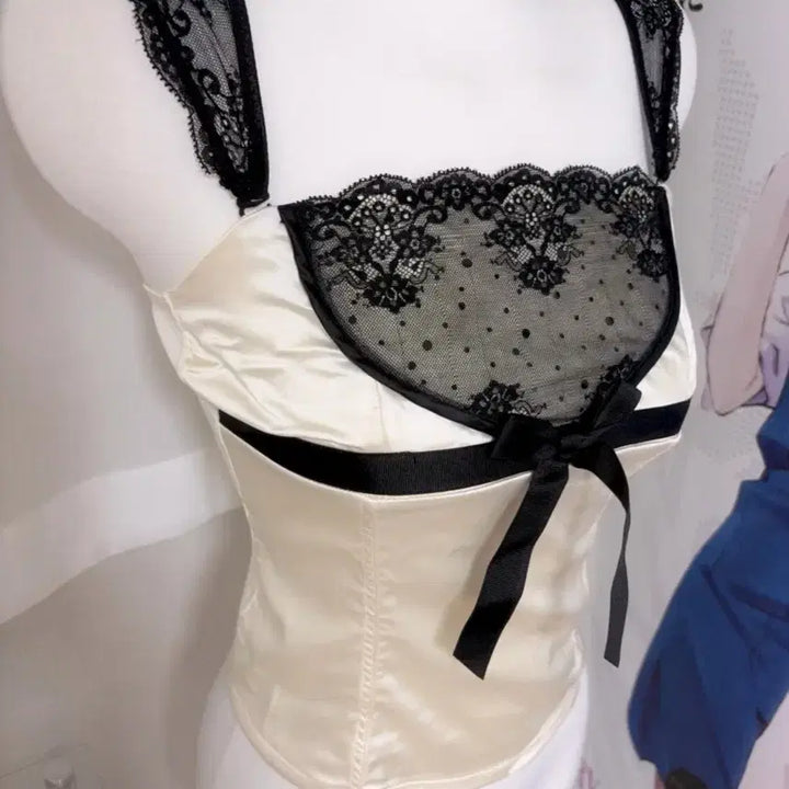 [BUNJANG] Fairy Kei Lace Ribbon Top / 히메갸루 페어리 로걀 달천깔 핀터 레이스 란제리 리본탑 파우닝 샵502