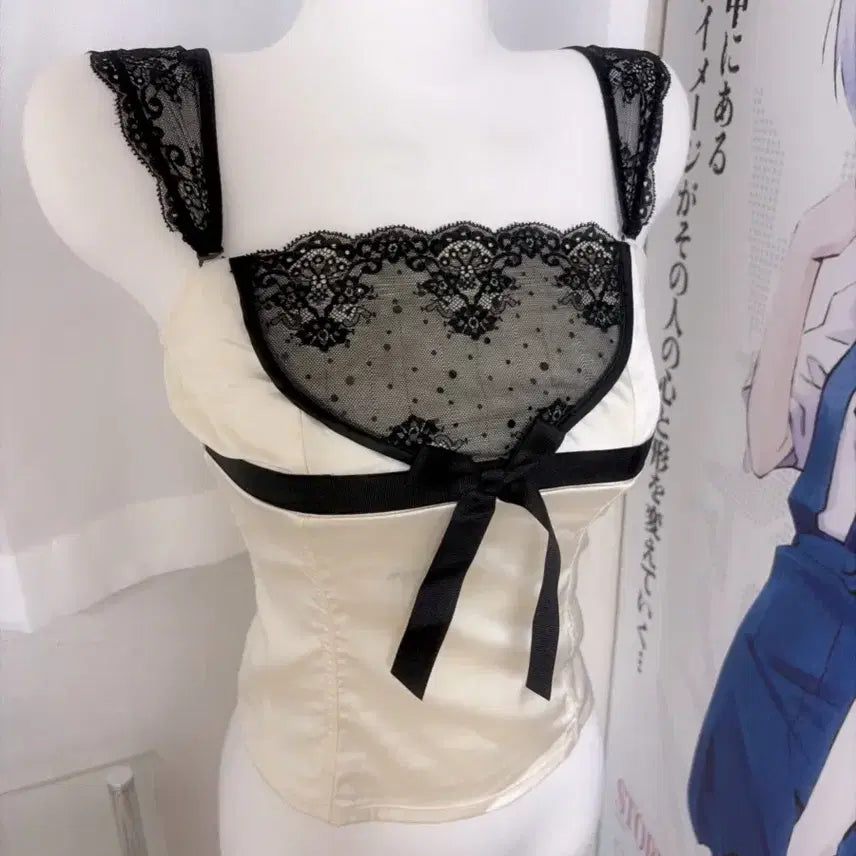 [BUNJANG] Fairy Kei Lace Ribbon Top / 히메갸루 페어리 로걀 달천깔 핀터 레이스 란제리 리본탑 파우닝 샵502