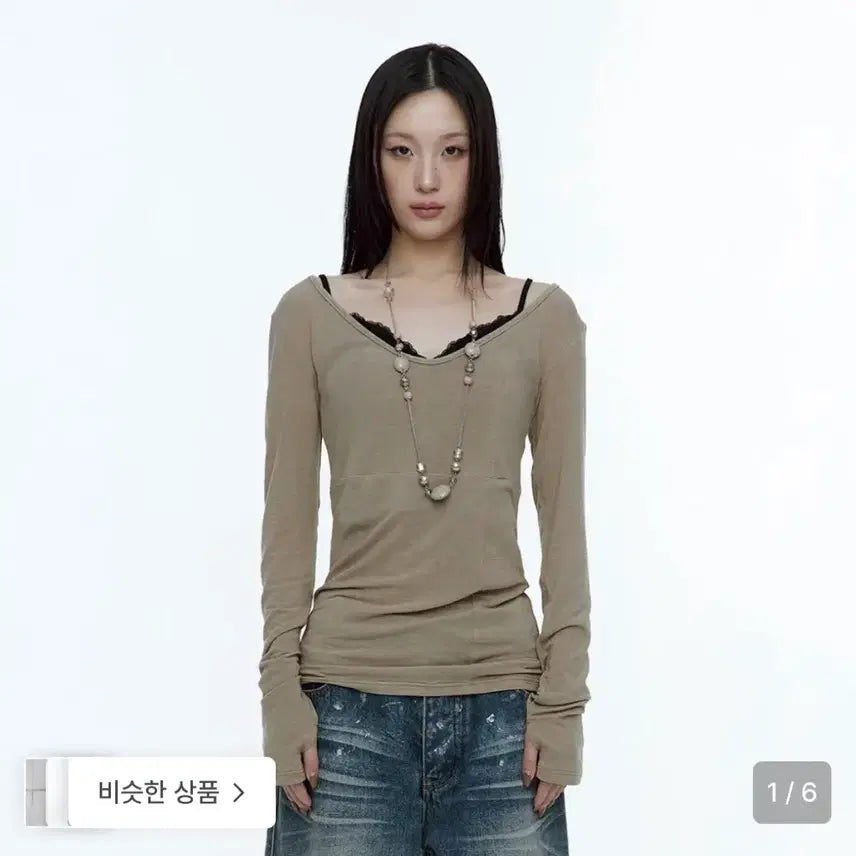 [SOLD OUT] 러프넥 크로스라인 슬림 탑 카키브라운