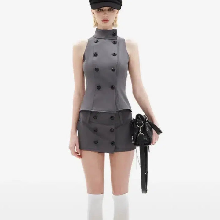 [BUNJANG] Hilda Tailored Half-Button Vest - Gray / 힐다 테일러드 하프버튼 베스트 그레이