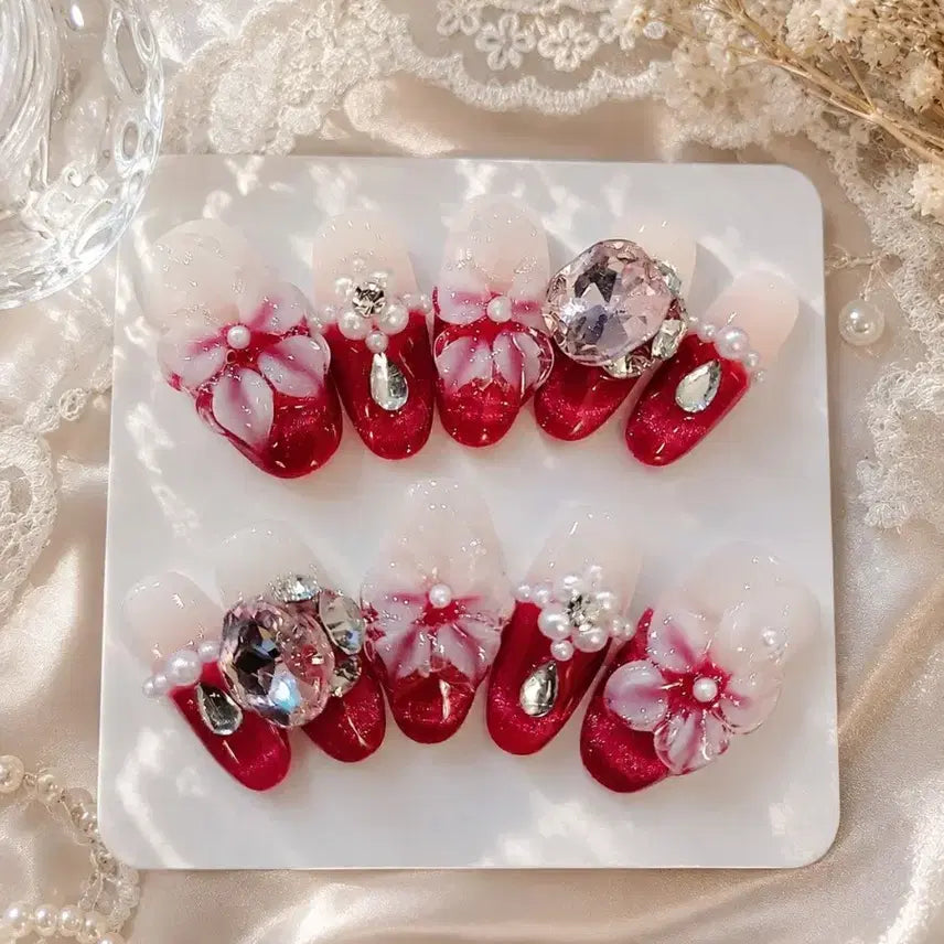[BUNJANG] Red Flower Cubic Nail Tips / 88번 레드 플라워 큐빅 네일팁