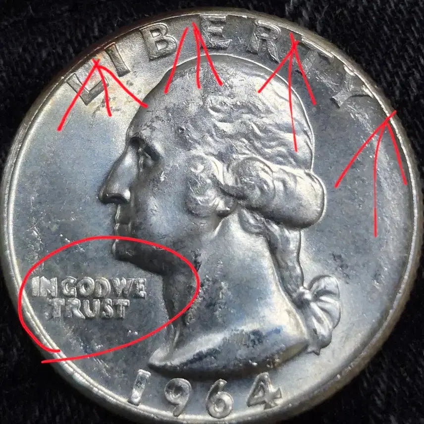 [BUNJANG] 1964 US Quarter Dollar Silver Coin - 90% Silver, Off-Center Error, Double Rim / 1964년P 발행 쿼터달러. 은화90%오프 센터  에러(완전 미사용)