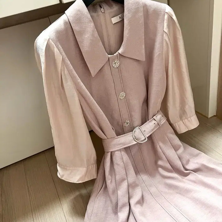 [SOLD OUT] 23년 KL바이린 쉬어퍼프소매 A라인 플레어 롱원피스 핑크베이지여름하객룩