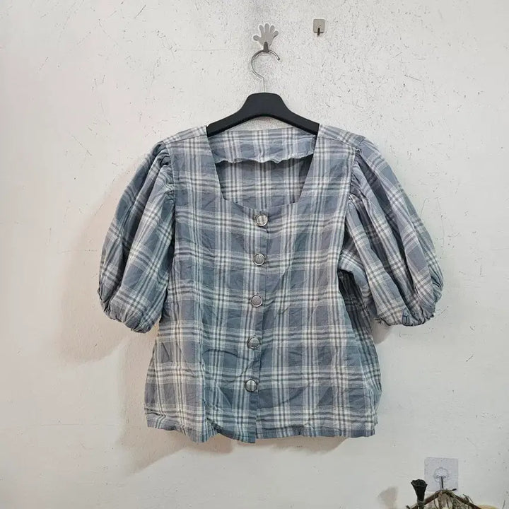 [BUNJANG] Check Puff Sleeve Blouse / 체크 퍼프 소매 블라우스
