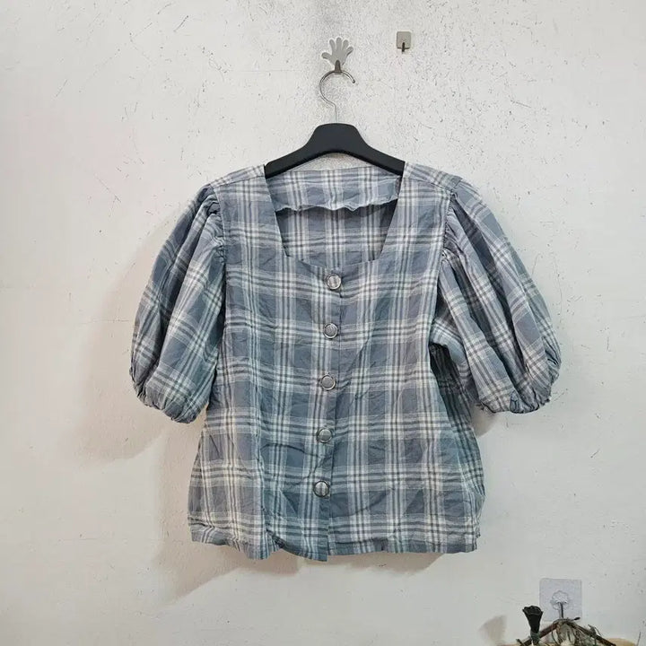 [BUNJANG] Check Puff Sleeve Blouse / 체크 퍼프 소매 블라우스