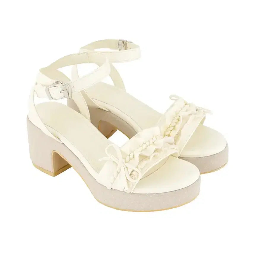 [BUNJANG] Dolly Ribbon Wedge Heels Ivory White / 포어링 돌리 리본 웨지힐 아이보리 화이트 Dolly ribbon wedg