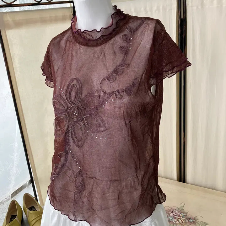 [BUNJANG] Oriental See-through Flower Shirring Blouse 1311 / 오리엔탈 시스루 플라워 셔링 블라우스 1311 모리걸 일본빈티지