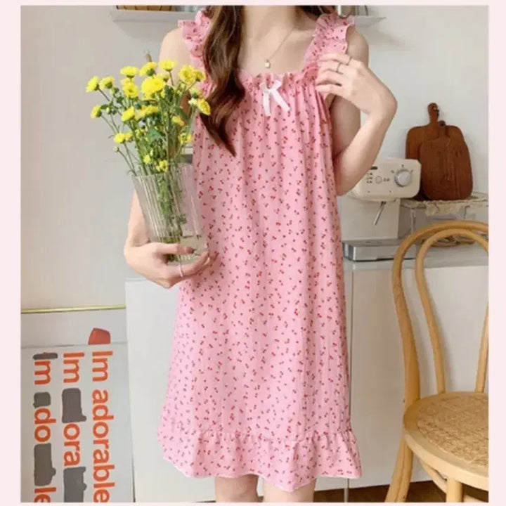 [BUNJANG] Cherry Pattern Pink Slip Dress Pajamas / 체리 잠옷 파자마 홈웨어 슬립 원피스 잠옷 속옷 언더웨어