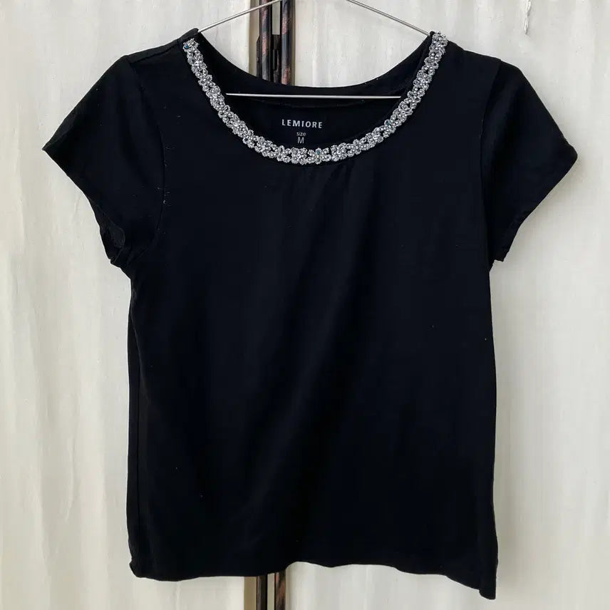 [BUNJANG] Cubic Bead Detail Short Sleeve Top - Mori Girl Japanese Vintage / 큐빅 비즈 디테일 반팔 1308 모리걸 일본빈티지