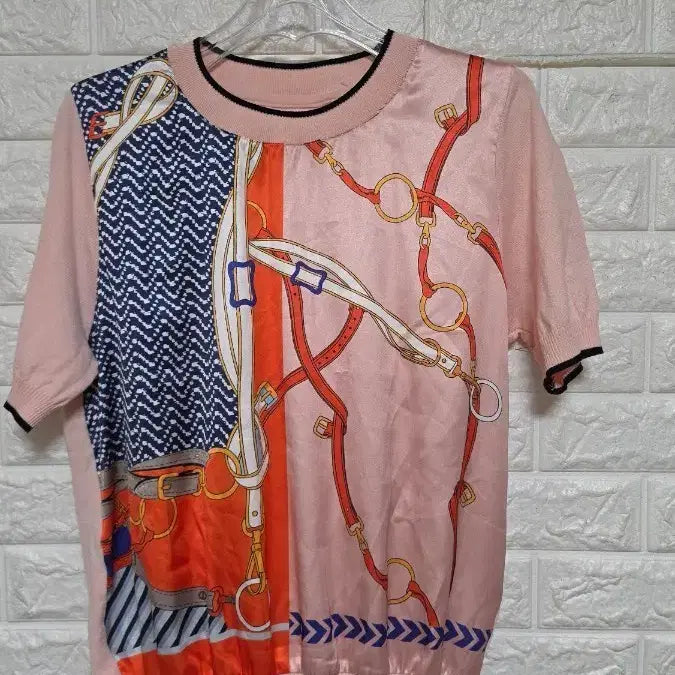 [BUNJANG] Pattern Short Sleeve Knit Top (Pink, M) / 핑크색 패턴 반팔 니트M