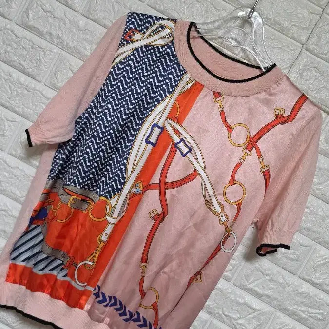 [BUNJANG] Pattern Short Sleeve Knit Top (Pink, M) / 핑크색 패턴 반팔 니트M