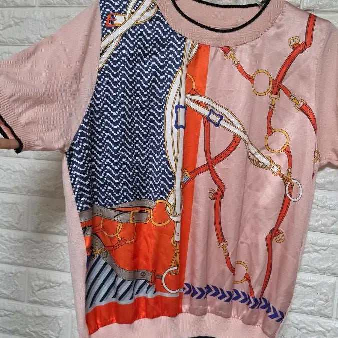 [BUNJANG] Pattern Short Sleeve Knit Top (Pink, M) / 핑크색 패턴 반팔 니트M