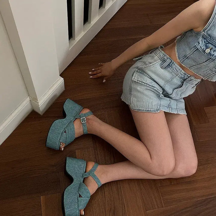 [BUNJANG] Textile Strap Sandals 8cm Heel Blue Size 235 / 