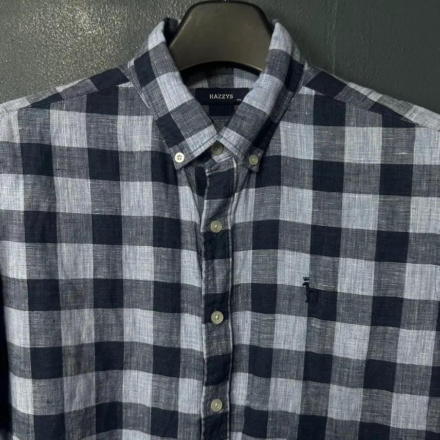 [BUNJANG] Hazzys Blue Check Linen Half Shirt / 100 헤지스 로고 블루 체크 린넨 하프 셔츠