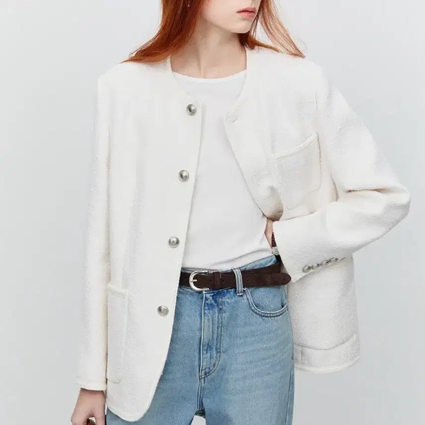 [BUNJANG] Dunst Unisex Collarless Tweed Jacket Ivory / 던스트 unisex collarless tweed jacket ivory