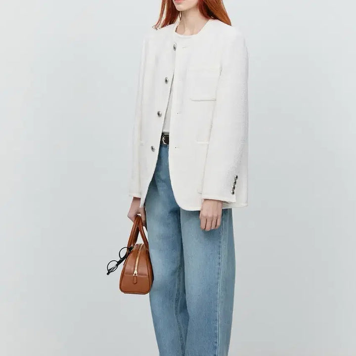 [BUNJANG] Dunst Unisex Collarless Tweed Jacket Ivory / 던스트 unisex collarless tweed jacket ivory