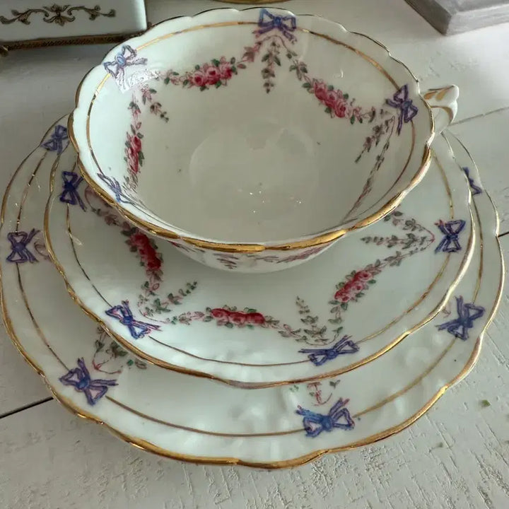 [BUNJANG] George Warrilow &amp; Sons Purple Ribbon Bone China Tea Cup Trio / 영국 앤틱 리본티잔트리오