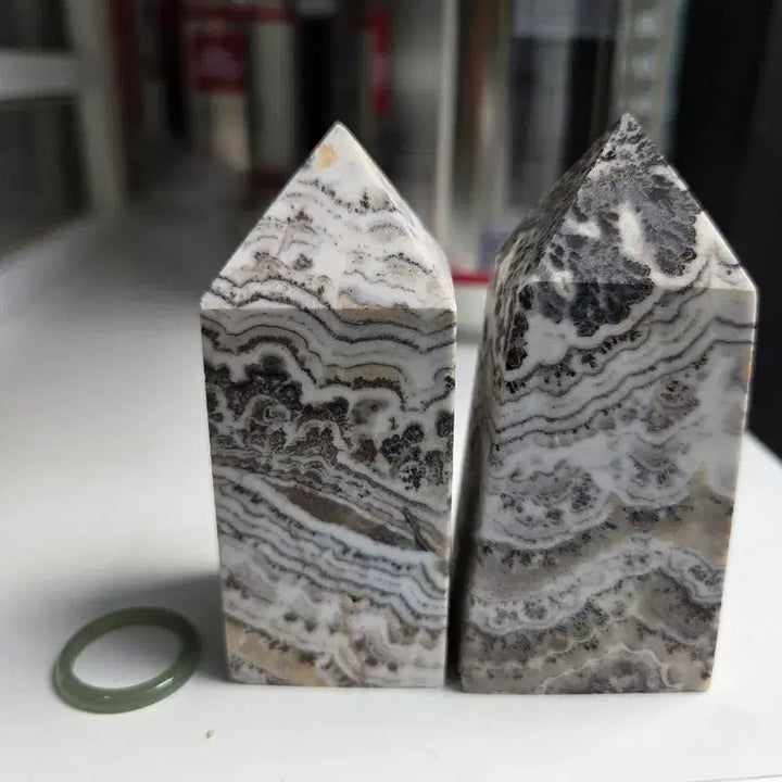 [BUNJANG] Dendritic Calcite Stone Tower (Set of 2) - Ink Wash Painting Style / [자연의 수묵화] 덴드릭 칼사이트 원석 타워 2종 (인테리어/명상 오브제