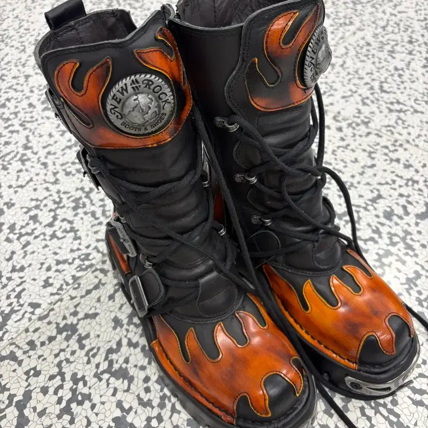 [BUNJANG] New Rock Orange Flame Boots / [스페인 정품] 뉴락(New Rock) 오렌지 플레임 부츠 판매