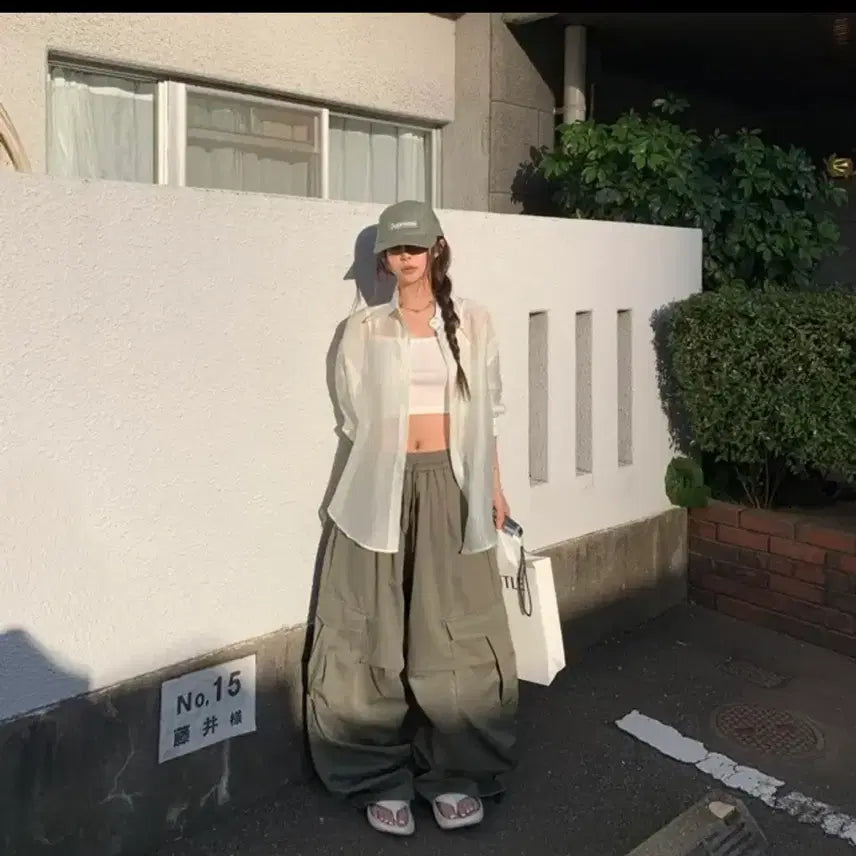[BUNJANG] Warmoodmine Khaki Wide Cargo Pants / 워무드마인 카키 와이드 카고 팬츠