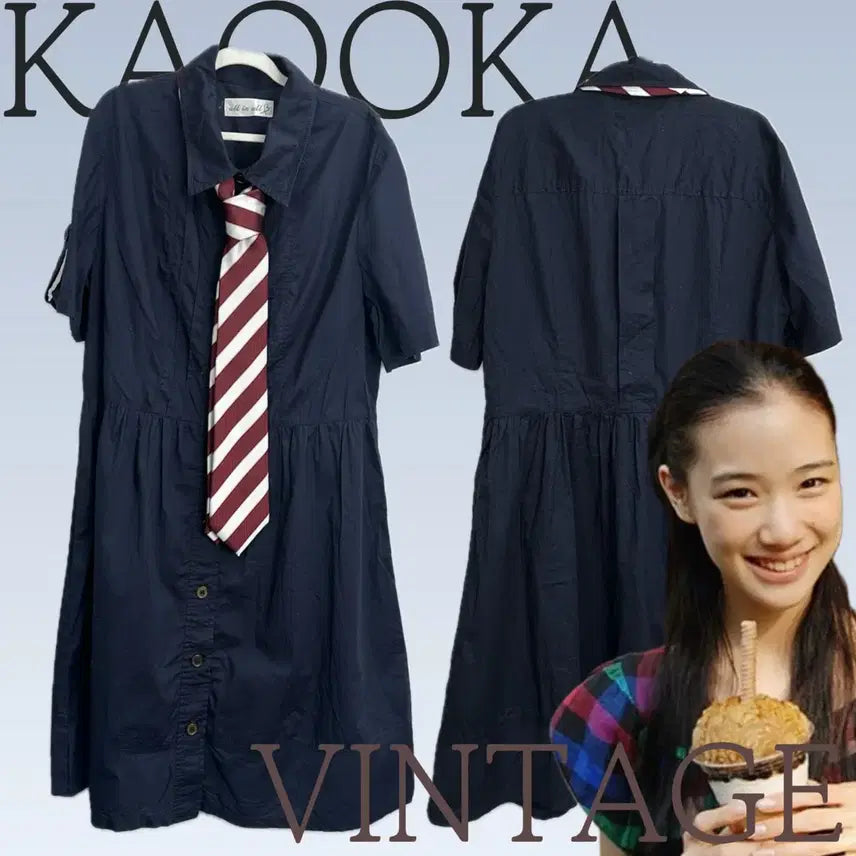 [SOLD OUT] 일본빈티지 러블리 반팔 네이비 셔츠 여름 키치 원피스 넥타이 코디세트